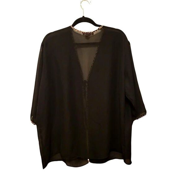Natori Private Luxuries Womens Top Black 2XL Leopard Trim Sheer Plus Size Robe - Picture 4 of 7